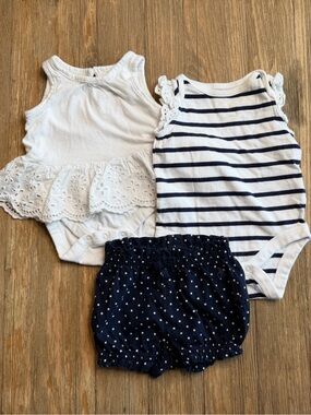 Baby Gap Bundle Girl Navy Stripe, White Eyelet Onesies with Navy Polka Dot Short